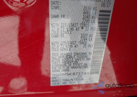 2017 Nissan Rogue S z USA, uszkodzony, nr VIN 5N1AT2MT5HC875740